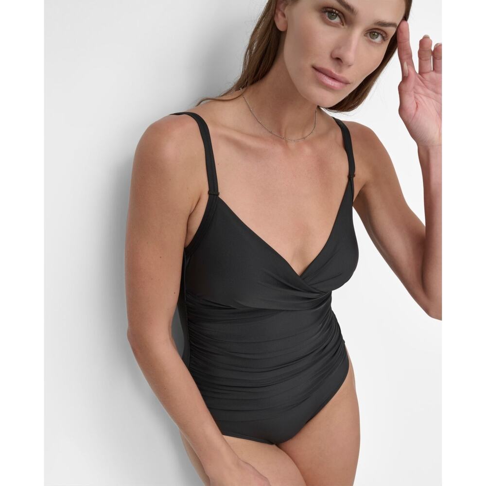 DKNY Women's Crossover Tummy Control Ruched One-Piece Swimsuit Black Size L 3540 - Picture 3 of 3